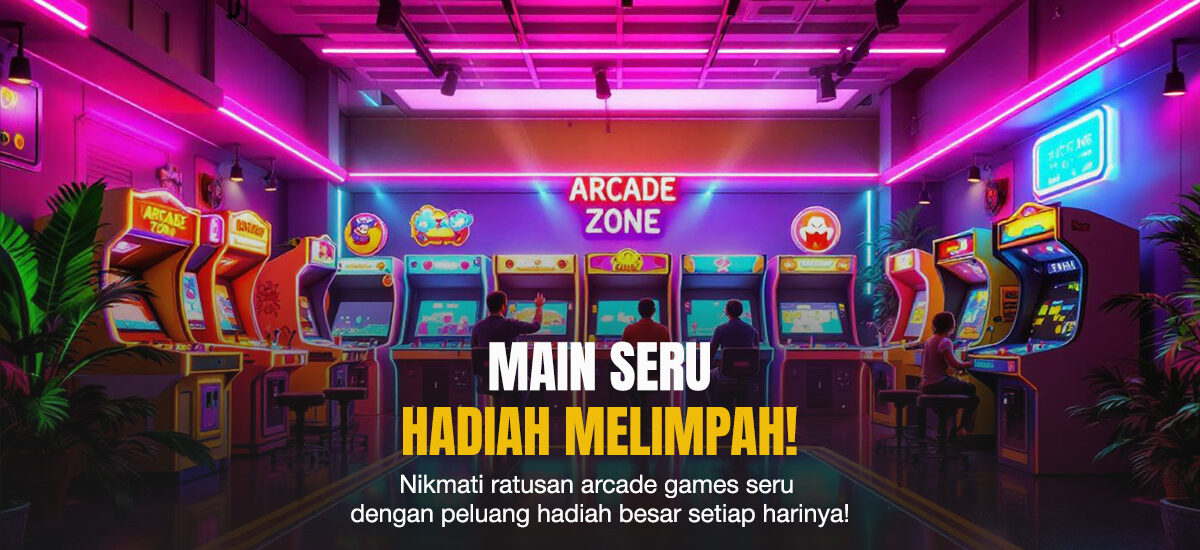 Ruangan arcade modern dengan lampu neon warna-warni dan deretan mesin permainan digital, dihuni pemain yang fokus main sambil duduk.