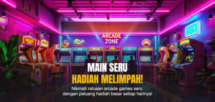 Ruangan arcade modern dengan lampu neon warna-warni dan deretan mesin permainan digital, dihuni pemain yang fokus main sambil duduk.