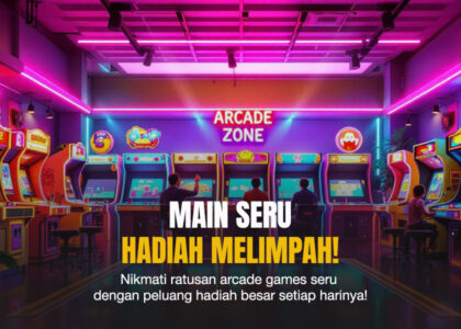 Ruangan arcade modern dengan lampu neon warna-warni dan deretan mesin permainan digital, dihuni pemain yang fokus main sambil duduk.
